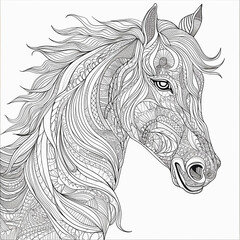 Horse head drawing black and white isolated on white background. Generative AL