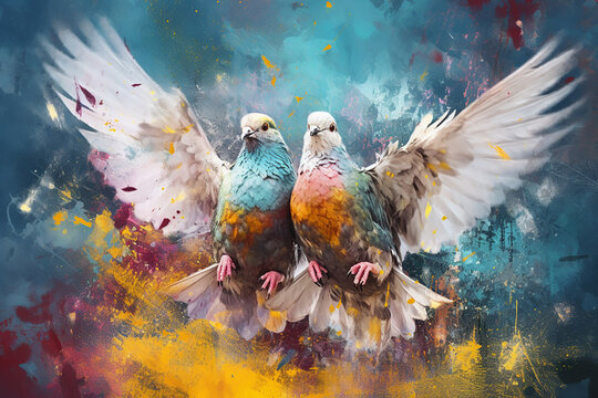 Paint splash two doves flap their wings. Generative AL
