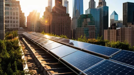 Tuinposter Illustration of a photovoltaic elements integrated an a roof of a building in an north american mega city, sustainable green engergy, ai-generatet © Friedhelm