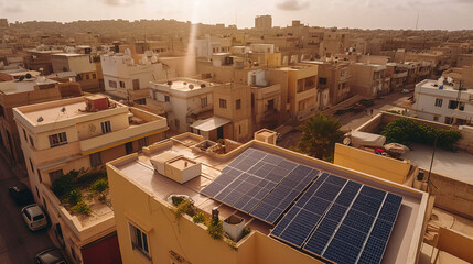 Fototapeta premium Illustration of a photovoltaic elements integrated an a roof of a building in an african city, sustainable green engergy, ai-generatet