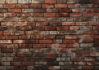 Fototapeta premium Red brick wall. Texture of old dark brown and red brick wall panoramic backgorund. Generative ai