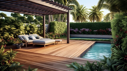 Explore the Luxurious Realm of an Outdoor Garden Oasis: Uniting a Teak Hardwood Deck with an Elegant Black Pergola