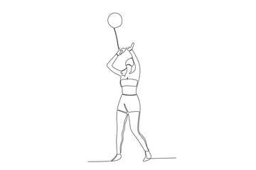 A woman looking up catches a ball. Beach volleyball one-line drawing