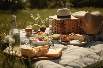 Fototapeta na wymiar Picnic basket with fruit and bakery on cloth in garden. AI generated