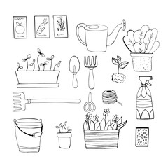 Set of gardening tools, rake, sapling,scissors,watering can,bucket,black and white vector graphics