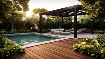 Explore the Luxurious Realm of an Outdoor Garden Oasis: Uniting a Teak Hardwood Deck with an Elegant Black Pergola