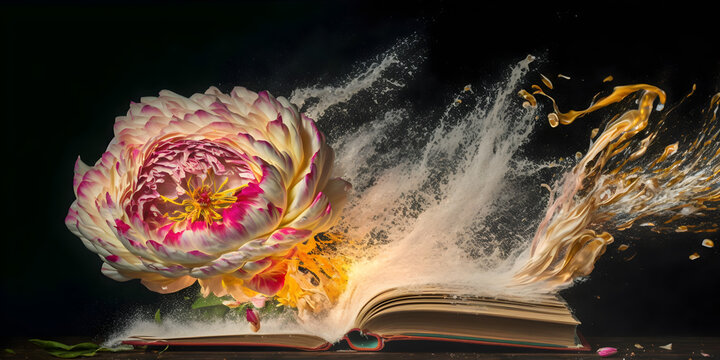 Book With Flower. Romantic Book With Flower. An Open Book With Flowers And Magic Powder Coming Out Of It. Book About Love.  Peony With Open Book Isolated In Dark Background. AI Generative