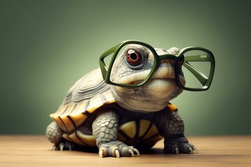 Adorable Green Turtle Sporting Glasses Poses Against Studio Backdrop, Generative AI.