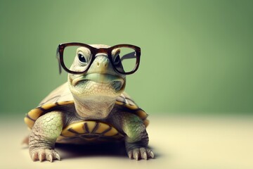 Adorable Green Turtle Sporting Glasses Poses Against Studio Backdrop, Generative AI. - obrazy, fototapety, plakaty