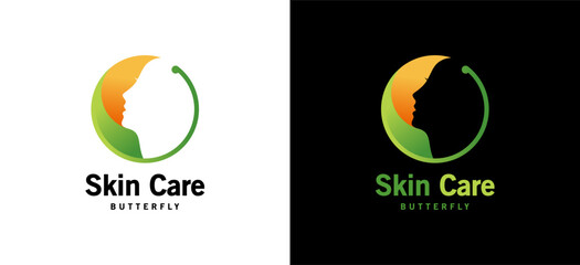 Skin care logo design with beautiful female face in butterfly wings, female beauty logo