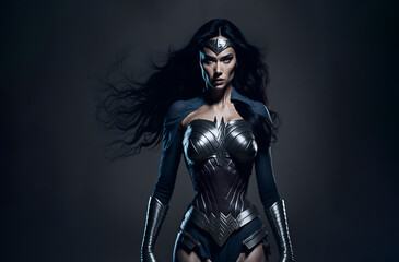 Beautiful brunette woman wearing superhero costume. Powerful amazon warrior princess