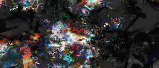 Vintage dark impressionism design with brush strokes and fractal shape with subtle glitch glow splash and distortion shapes. Alcohol texture wall and have copy space for text design, watercolor bleed	
