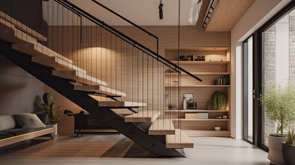 Interior of modern living room with wooden walls, carpet on the floor and wooden staircase.