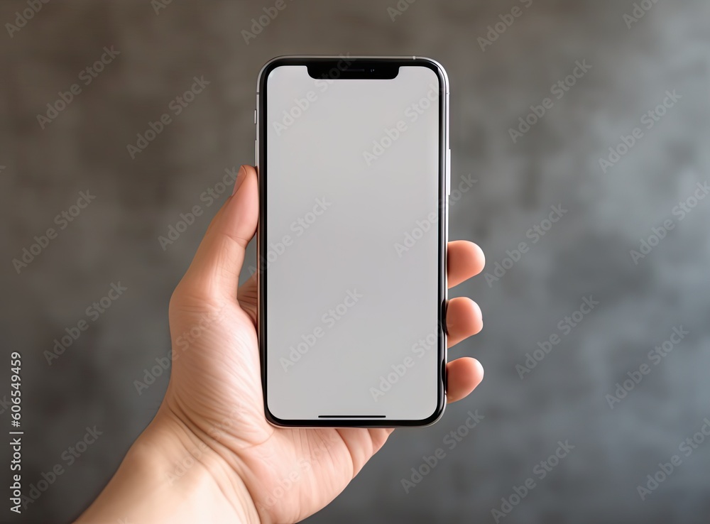 Poster man hand holding black smartphone isolated on a dark background, clipping path created with generati