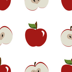 A simple seamless apple pattern, red apples on a white background, whole and cut-in-half apples, a seamless fruit background 