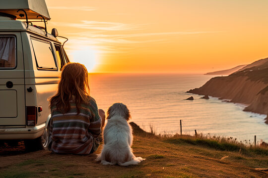 Girl Is Sitting On A Hill With Her Dog And Looking At The Ocean Sunset Beside Her Camper. Generative AI