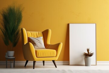 Inviting Living Room Interior Mockup with Yellow Armchair and Soft Warm Tones Against a White Wall Background, Generative AI.
