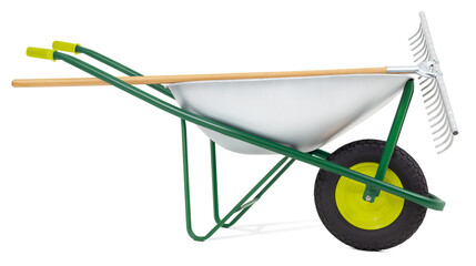 Wheelbarrow with rake, isolated on white background. Gardening equipment tool for vegetable garden...