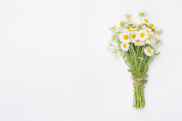 Small bouquet of chamomile flowers on white background, top view