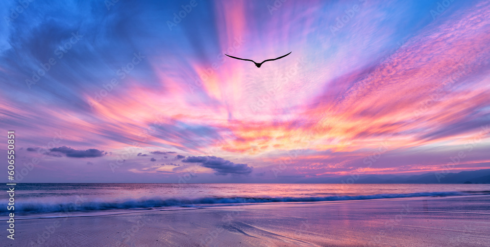 Wall mural sunset bird inspirational surreal nature hope ocean abstract sunrise silhouette