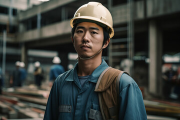 Confident Asian engineer standing in factory , Asia worker employee in hard hat safety work in factory. Generative ai