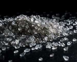 sea salt granules scattered across a black slate background, showing the intricate patterns and...