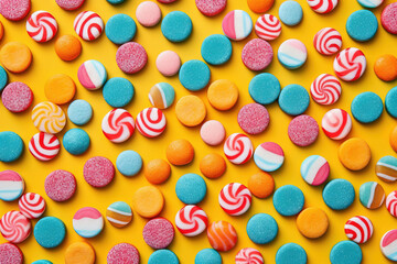 Fototapeta na wymiar different candy over a yellow studio background with vibrant colors