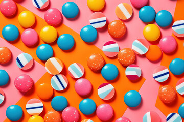 Fototapeta na wymiar different candy over a pink and orange studio background with vibrant colors