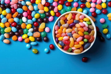 different candy over a blue studio background with vibrant colors