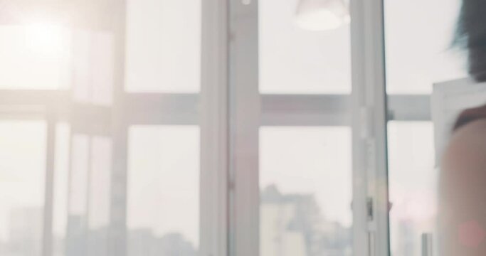 Walking, business woman and digital tablet in office building for schedule, planning and management. Walk, productivity and busy corporate female worker checking online task, calendar or schedule