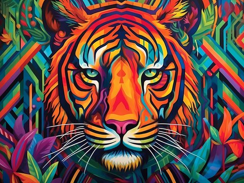 A Majestic Tiger Amidst a Neon Jungle: A Dynamic and Vibrant Blend of Abstract Art. AI generated content.
