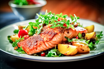 Closeup Fried Salmon Steak with vegetables and arugula on wooden table. Healthy concept, gluten free. 
