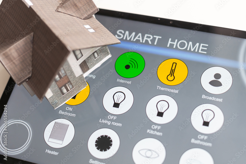 Poster small house model is on screen tablet and icons home electronics devices connecting with wireless. s