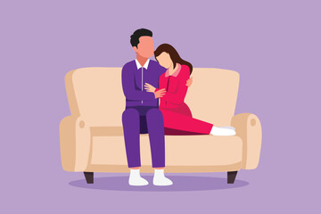 Cartoon flat style drawing happy romantic couple hugging each other. Man and woman relaxed on sofa at home. Male hugs female at cozy living room. Happy family life. Graphic design vector illustration