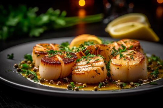 plate of cooked bay scallops, pan-seared to a golden brown, accompanied by a side of lemon and a parsley garnish