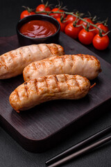 Delicious grilled sausages from chicken or pork meat with salt, spices and herbs