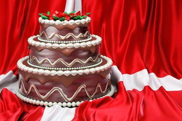 Chocolate cake on the Danish flag background, 3D rendering
