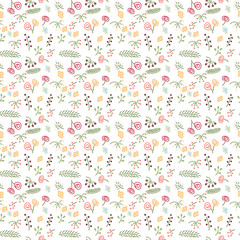 Vector floral seamless pattern. Line flower and leaves in flat style	