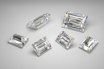 Scattering of diamonds of different sizes on a white background.  Exhibition of precious stones. Baguette cut. 3d rendering.