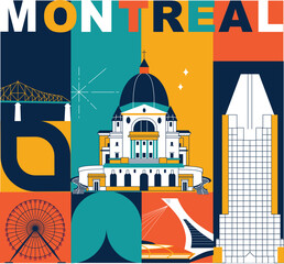 Typography word Montreal branding technology concept. Collection of flat vector web icons. Culture travel set, famous architectures, specialties silhouette. Canada famous landmark, split video screen