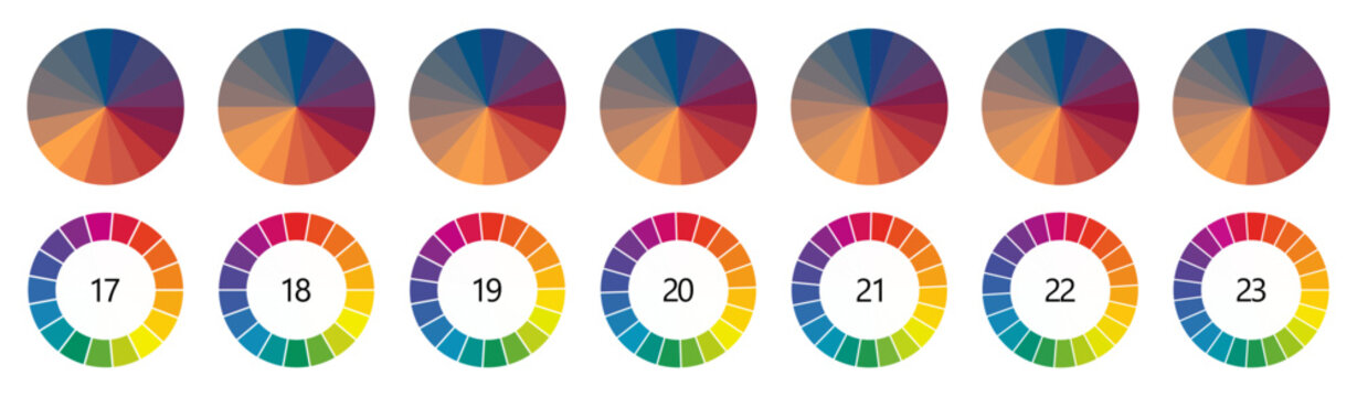Circle  shape divided into colorful segments, version with 17 to 23 parts, can be used as infographics element