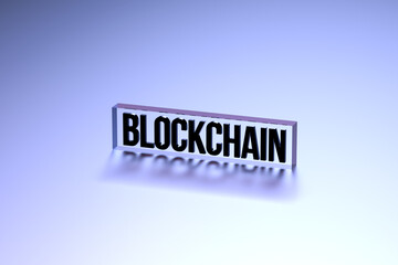 BLOCKCHAIN abstract text concept. Blockchain one word in a glass block on a blue background. Blockchain technology concept. 3D render.