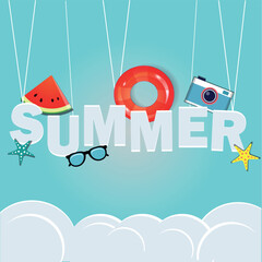 Hello summer with decoration origami hanging on blue sky background. Paper art and craft style. Vector illustration of life ring, ice cream, camera, watermelon, sunglasses. - obrazy, fototapety, plakaty