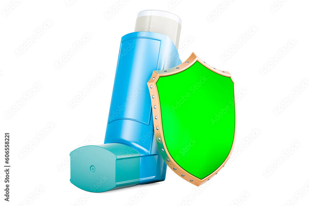 Poster metered-dose inhaler, mdi with shield. 3d rendering