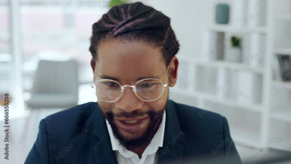 Poster business man, face and reading on computer for research, planning project and email in office. black