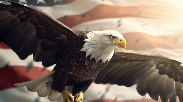 eagle with USA American flag patriotic background. Freedom, patriotism. AI generated image.