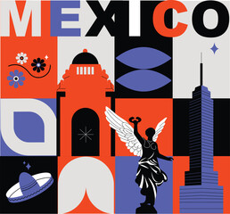 Typography word "Mexico City" branding technology concept. Collection of flat vector web icons, culture travel set, famous architectures and specialties detailed silhouette. Mexican famous landmark.