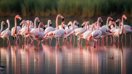 A flock of elegant flamingos gracefully wading in shallow, turquoise waters, their long legs creating a mesmerizing reflection