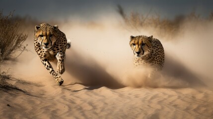 group of cheetahs running - obrazy, fototapety, plakaty