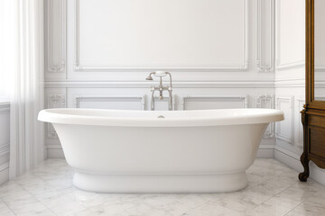 Naklejka na ściany i meble White classic bathtub front view, bathroom in light colors. Scandinavian minimalist style, stylish bathroom. Generative AI professional photo imitation.